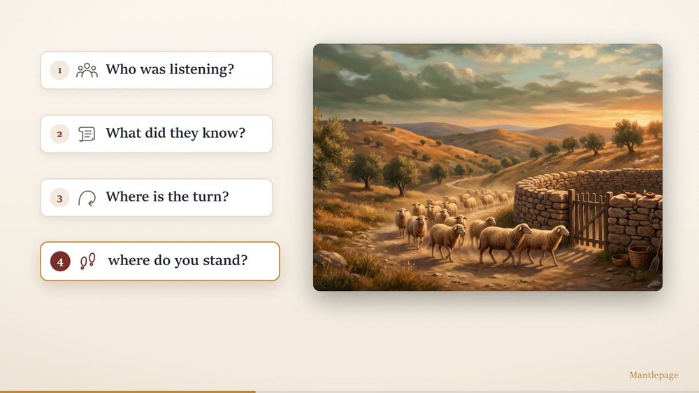 From the study: the four questions one under the other, beside a painting of sheep coming home to the fold