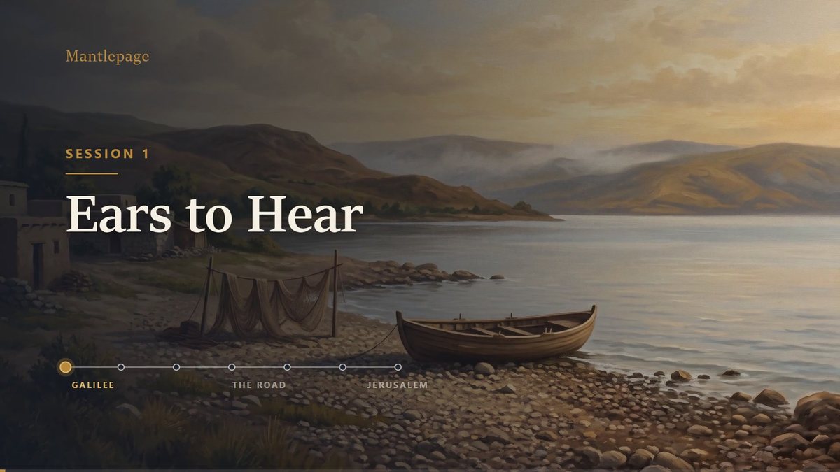 The opening of session 1, Ears to Hear: the shore of the Sea of Galilee at dawn, a fishing boat pulled up on the stones